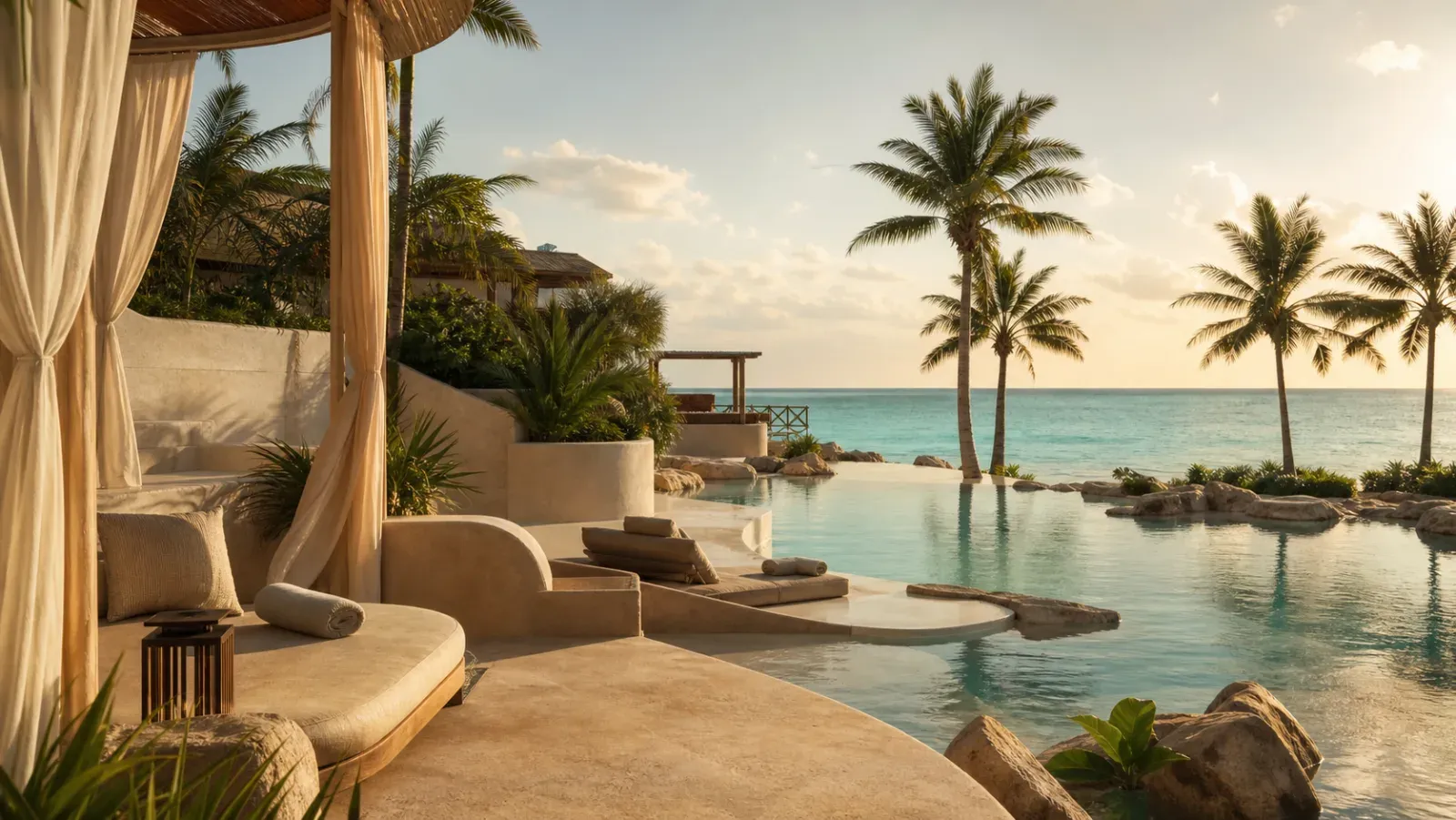 Terraza de alberca caribeña genérica; imagen provisional que no muestra Desire Riviera Maya Resort
